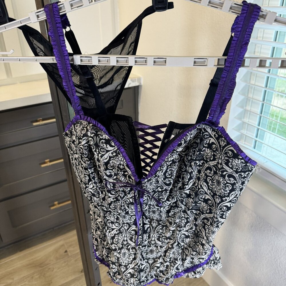 Lane Bryant/Cacique Black & Purple Bustier Lace up Sexy SZ 18/20 Bra/Corset-EUC